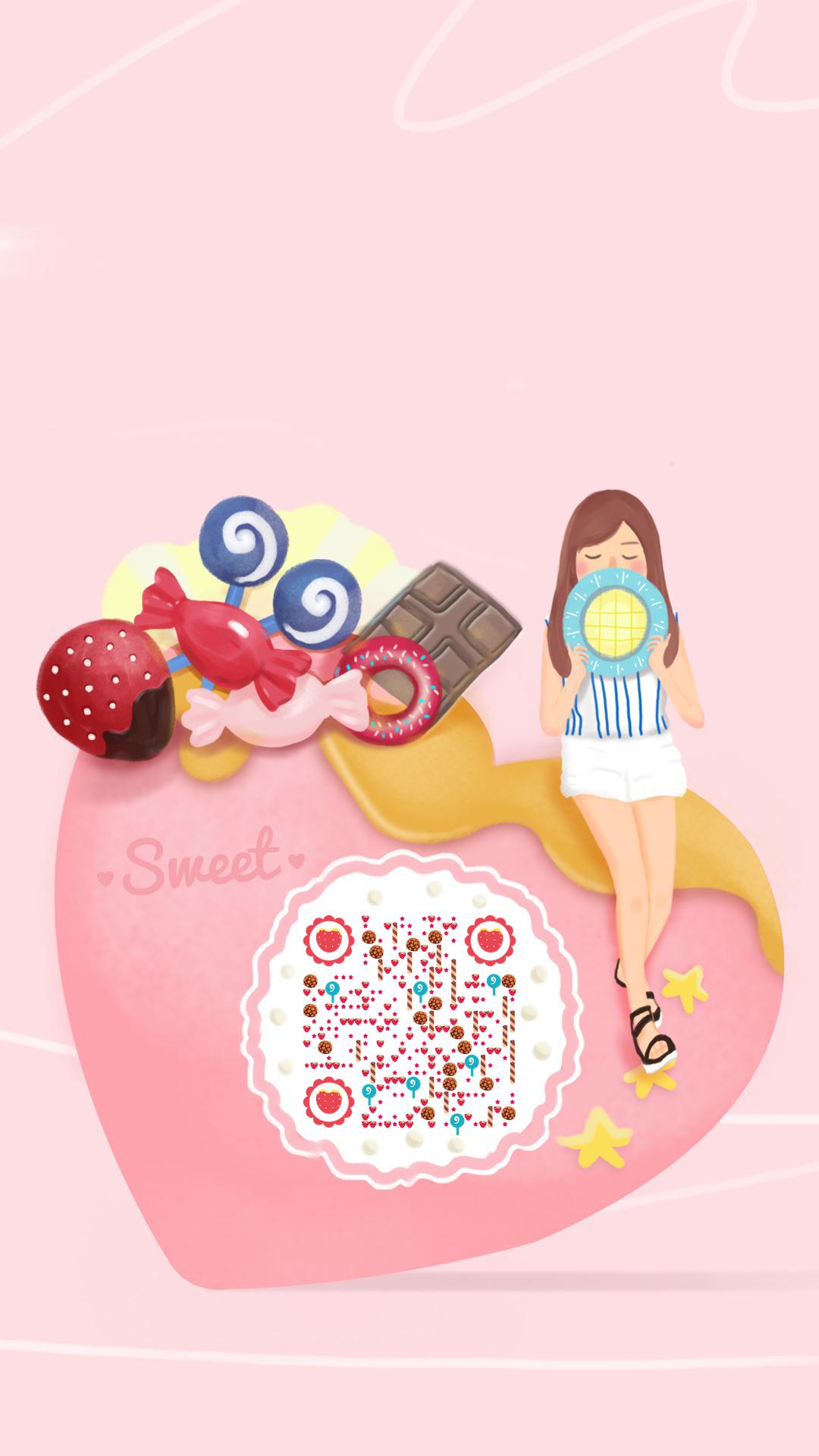 粉色草莓甜心女孩甜蜜爱心糖果二维码生成器-平面静态-手机海报