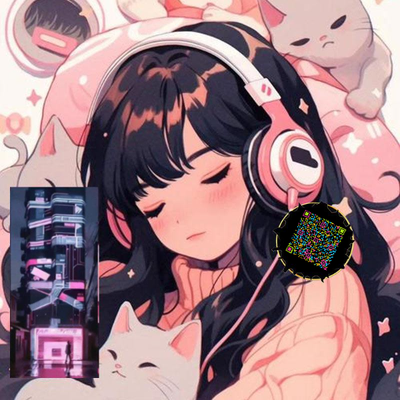泡泡头图三格头粉色猫猫耳机女孩插画五彩丝带艺术二维码二维码生成器-平面静态-正方形码