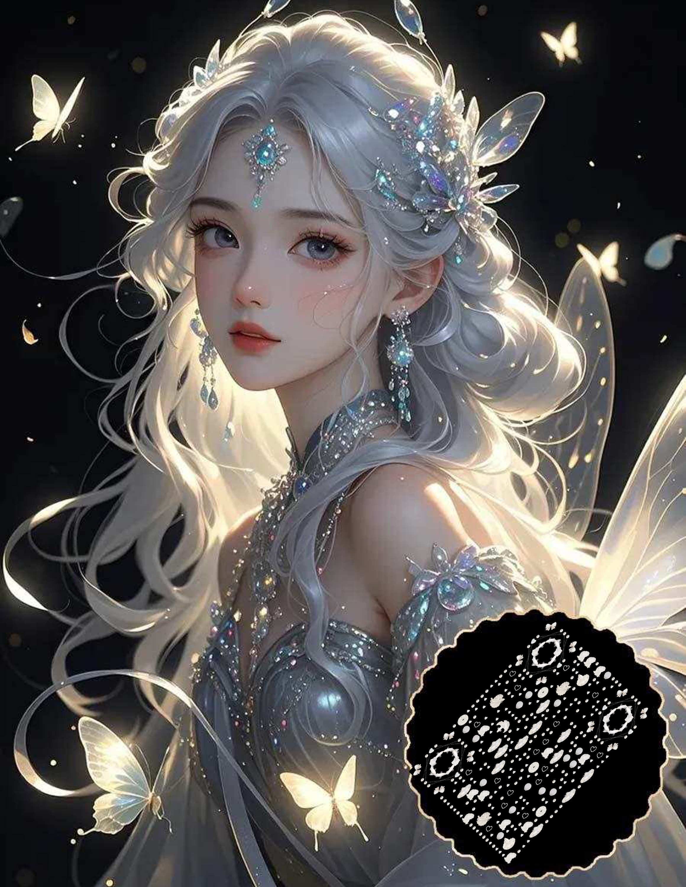 时尚封面黑色背景银发仙女斗鱼艺术二维码二维码生成器-平面静态-微信名片