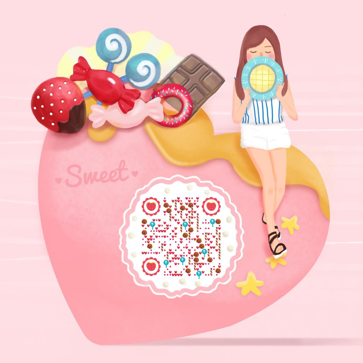 粉色草莓甜心女孩甜蜜爱心糖果二维码生成器-平面静态-正方形码