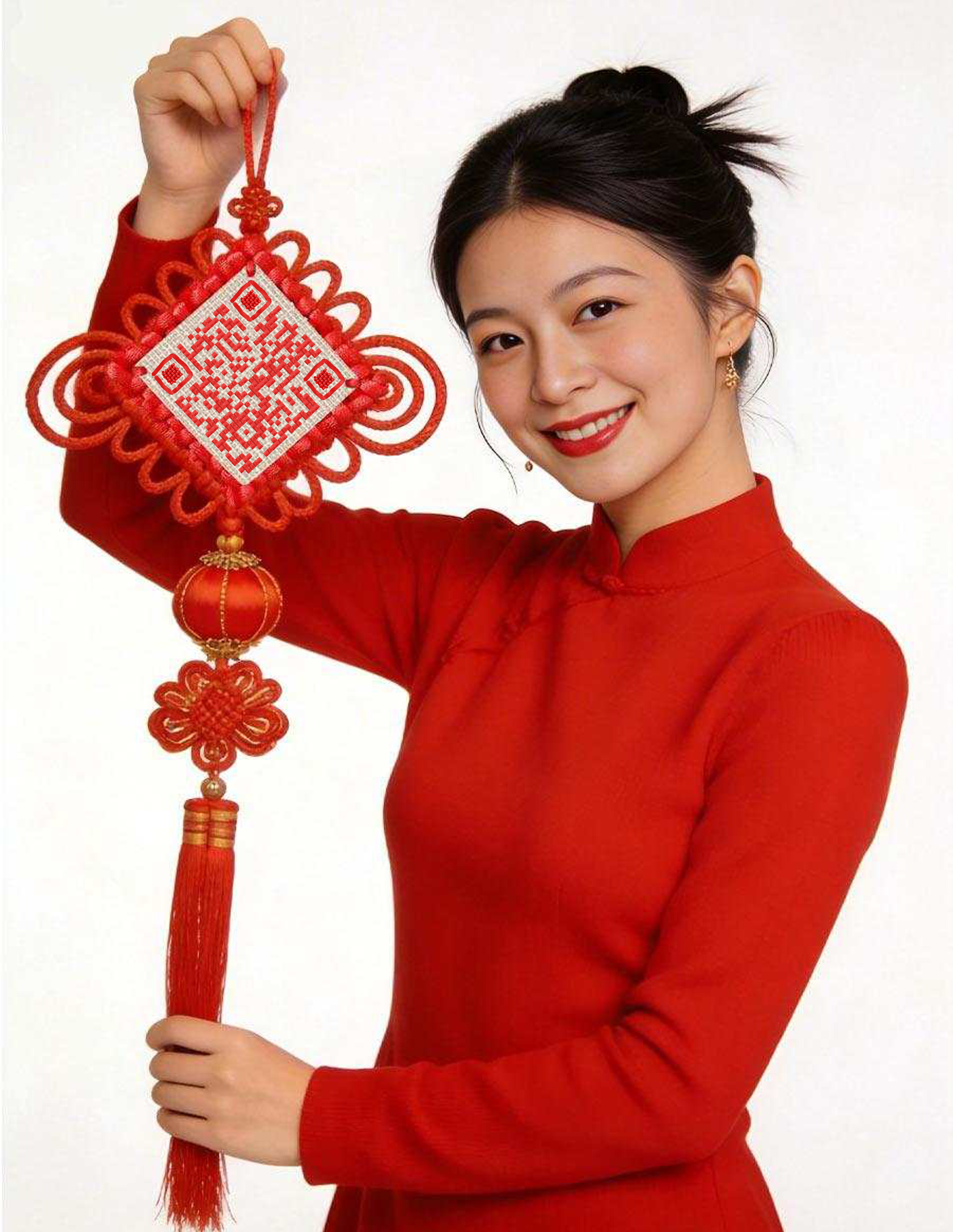 中式美女喜庆白底中国结艺术二维码二维码生成器-平面静态-微信名片