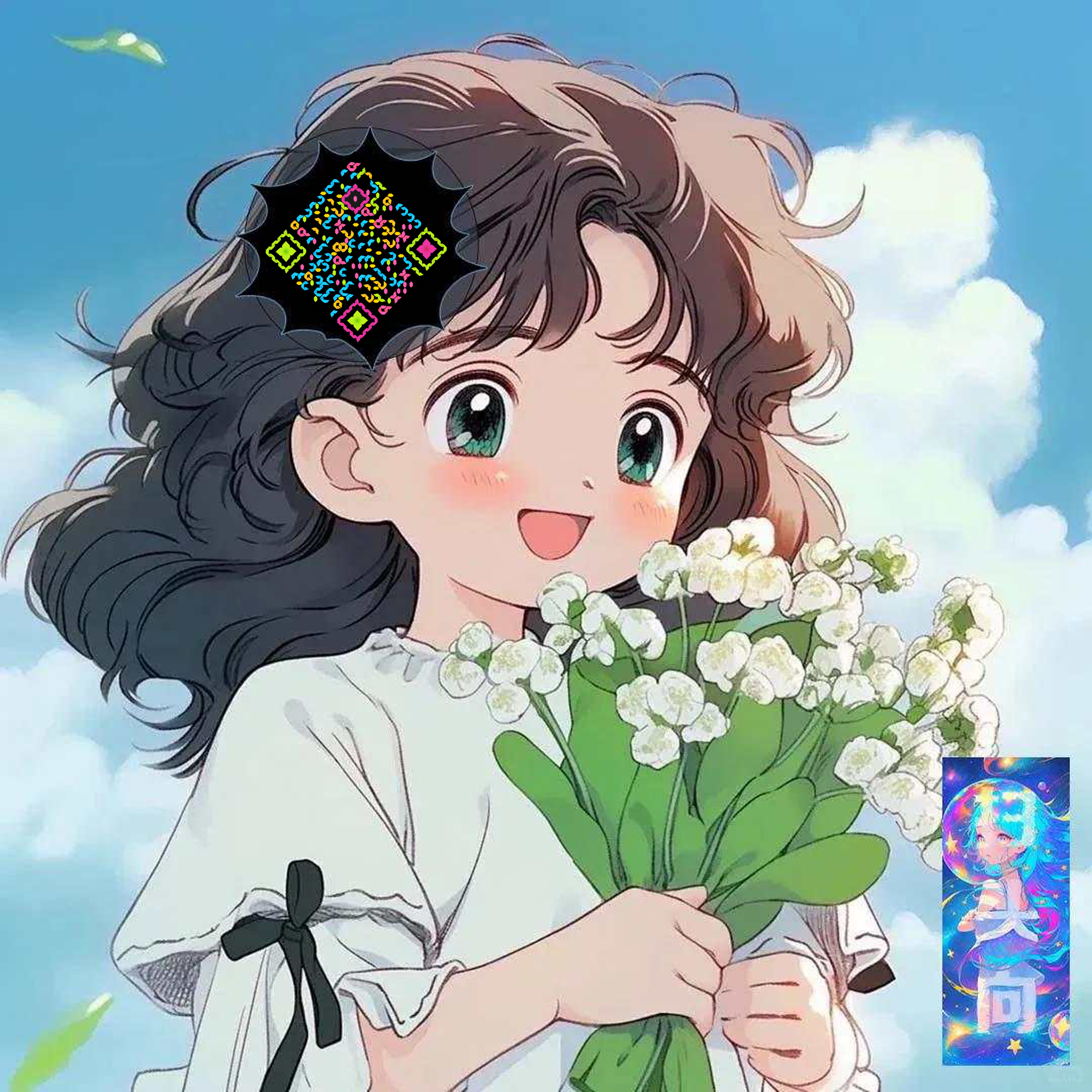 抖音头像可爱女孩五彩丝带 二维码二维码生成器-平面静态-正方形码
