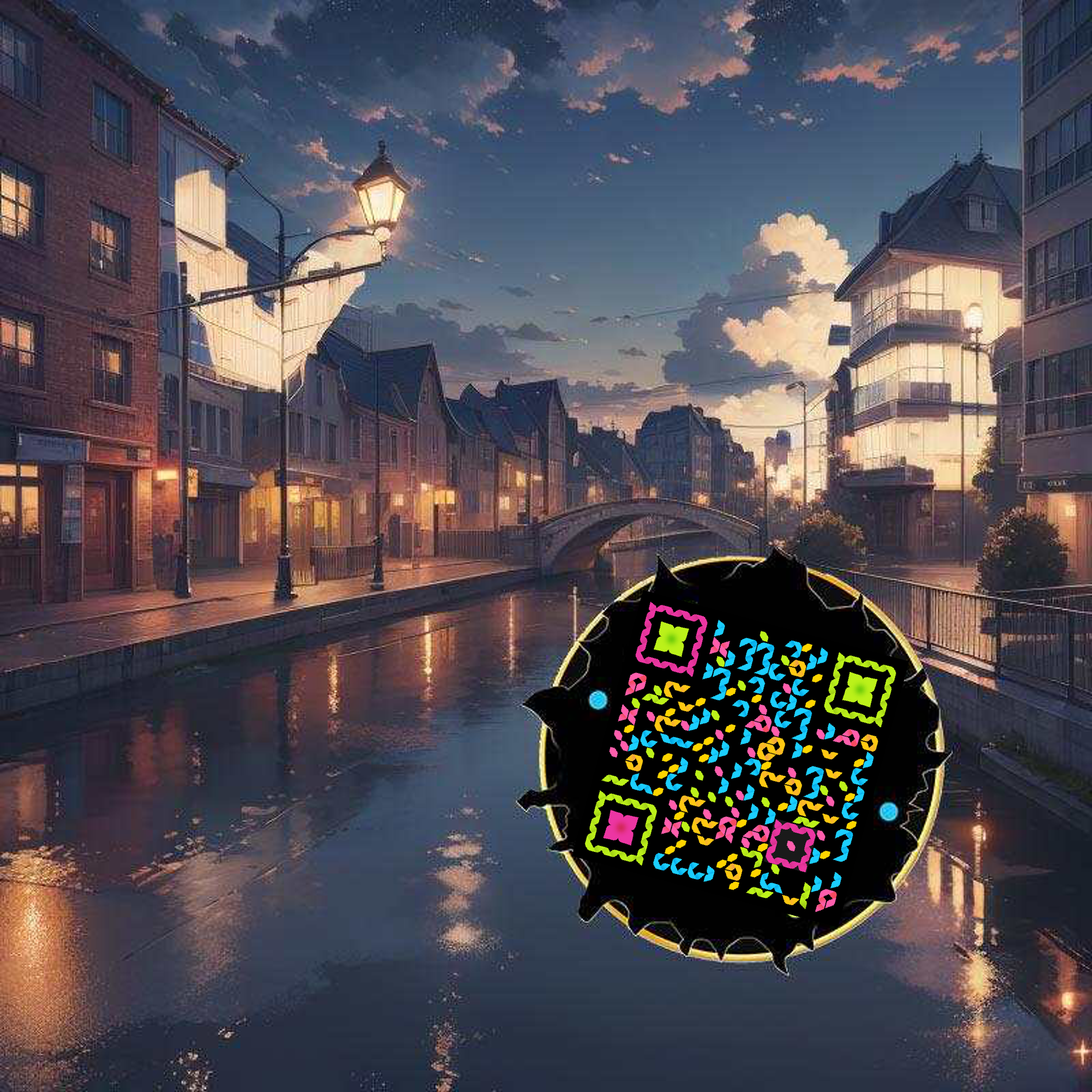 泡泡头图三格头夜景河边灯光五彩丝带艺术二维码二维码生成器-平面静态-正方形码