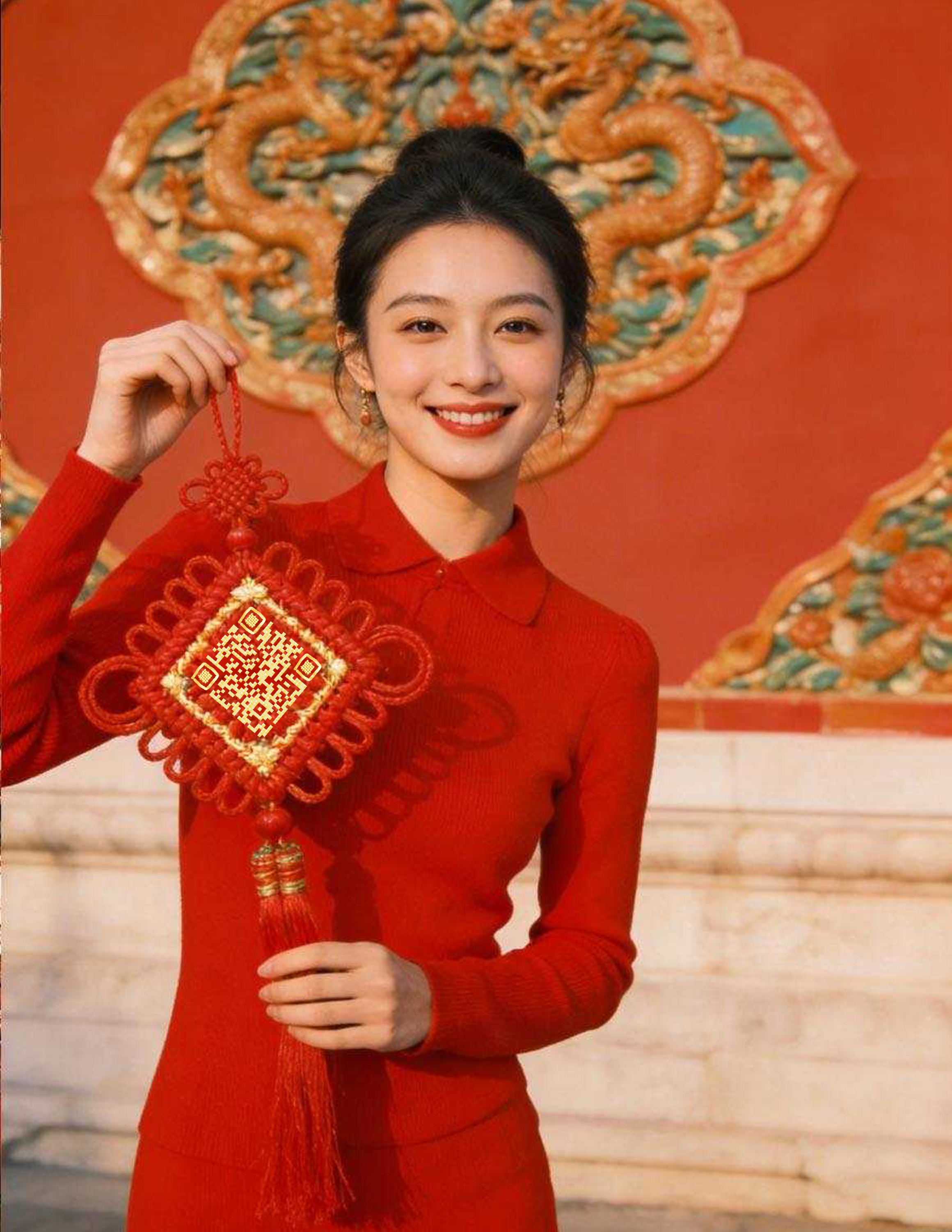 中式丸子头户外美女红色衣服金色丝线中国结艺术二维码二维码生成器-平面静态-微信名片