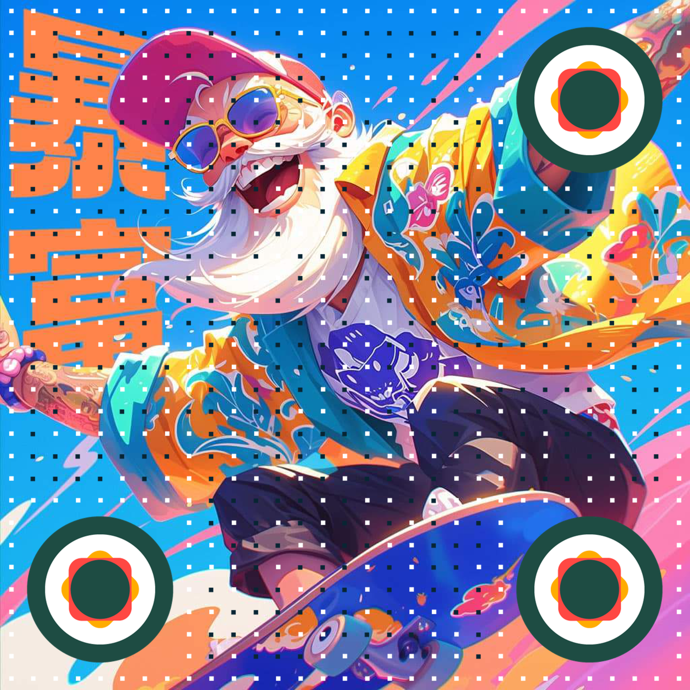 时尚活力滑板财神潮流时尚插画二维码生成器-平面静态-正方形码