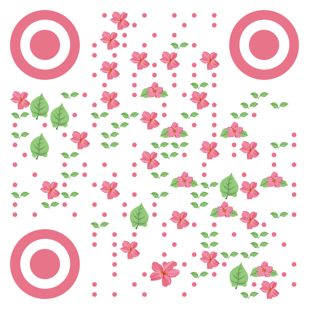 粉红花朵植物绿叶盛开绽放二维码生成器-平面静态-无背景码