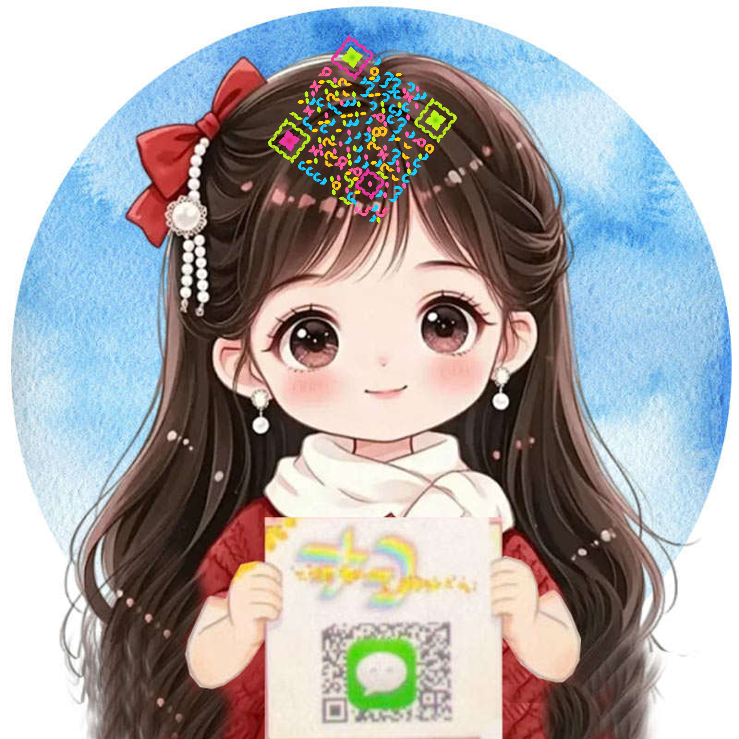 绿泡泡头像可爱蝴蝶结q版女孩五彩丝带隐藏二维码二维码生成器-平面静态-正方形码