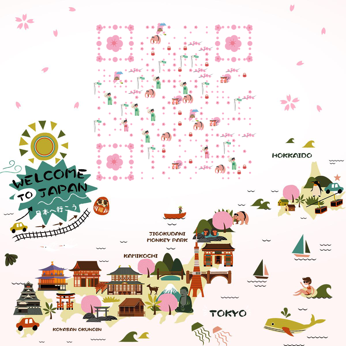 春天粉色浪漫日本樱花旅行二维码生成器-平面静态-正方形码