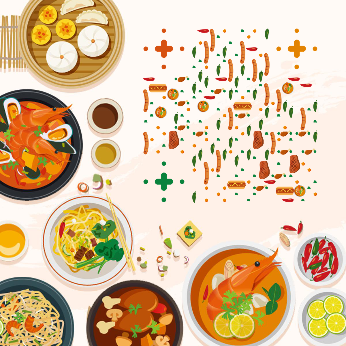 扁平插画餐饮美食联盟精品海鲜大餐二维码-正方形码-平面静态