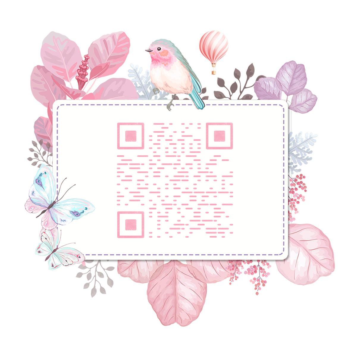 粉色清新蝴蝶植物花丛边框多彩鸟二维码生成器-平面静态-正方形码