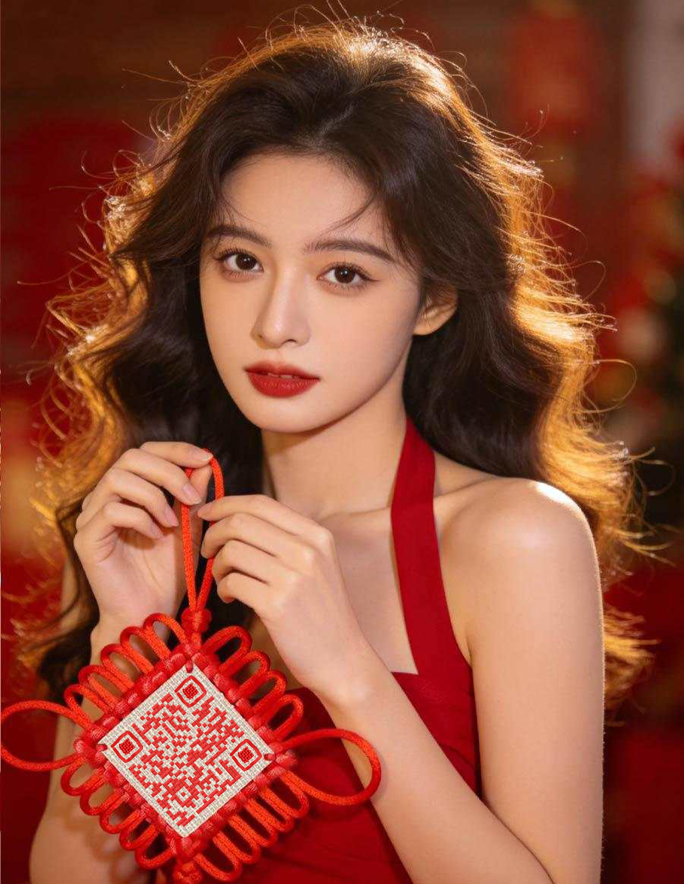 红色喜庆卷发美女中国结艺术二维码二维码生成器-平面静态-微信名片