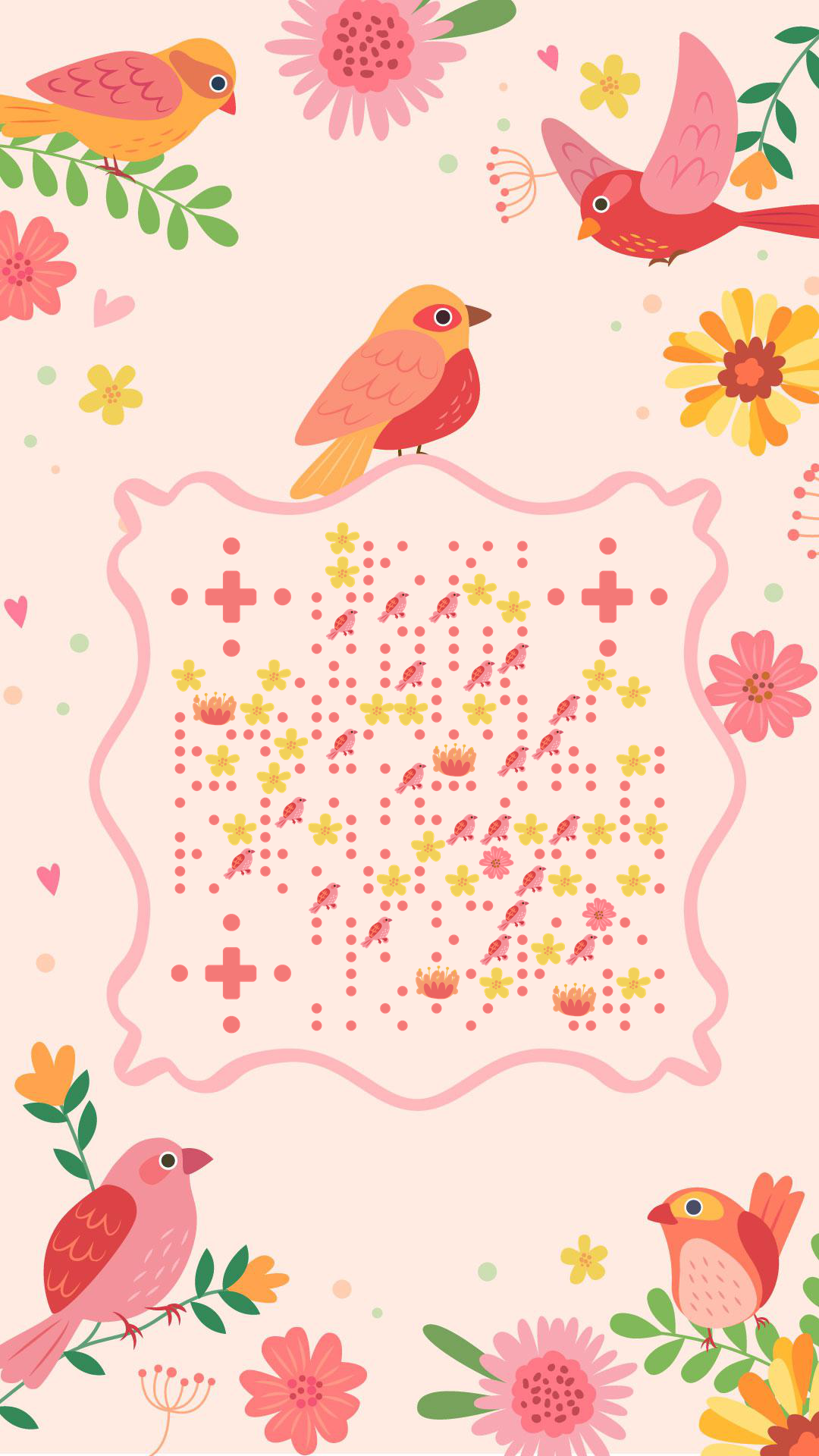 粉色花园鸟儿二维码-手机壁纸-平面静态