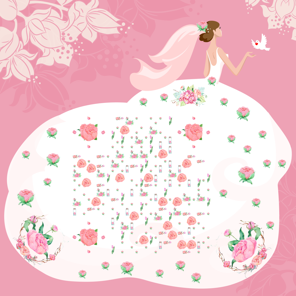 韩式花纹粉色玫瑰花簇婚纱浪漫婚礼二维码-正方形码-平面静态