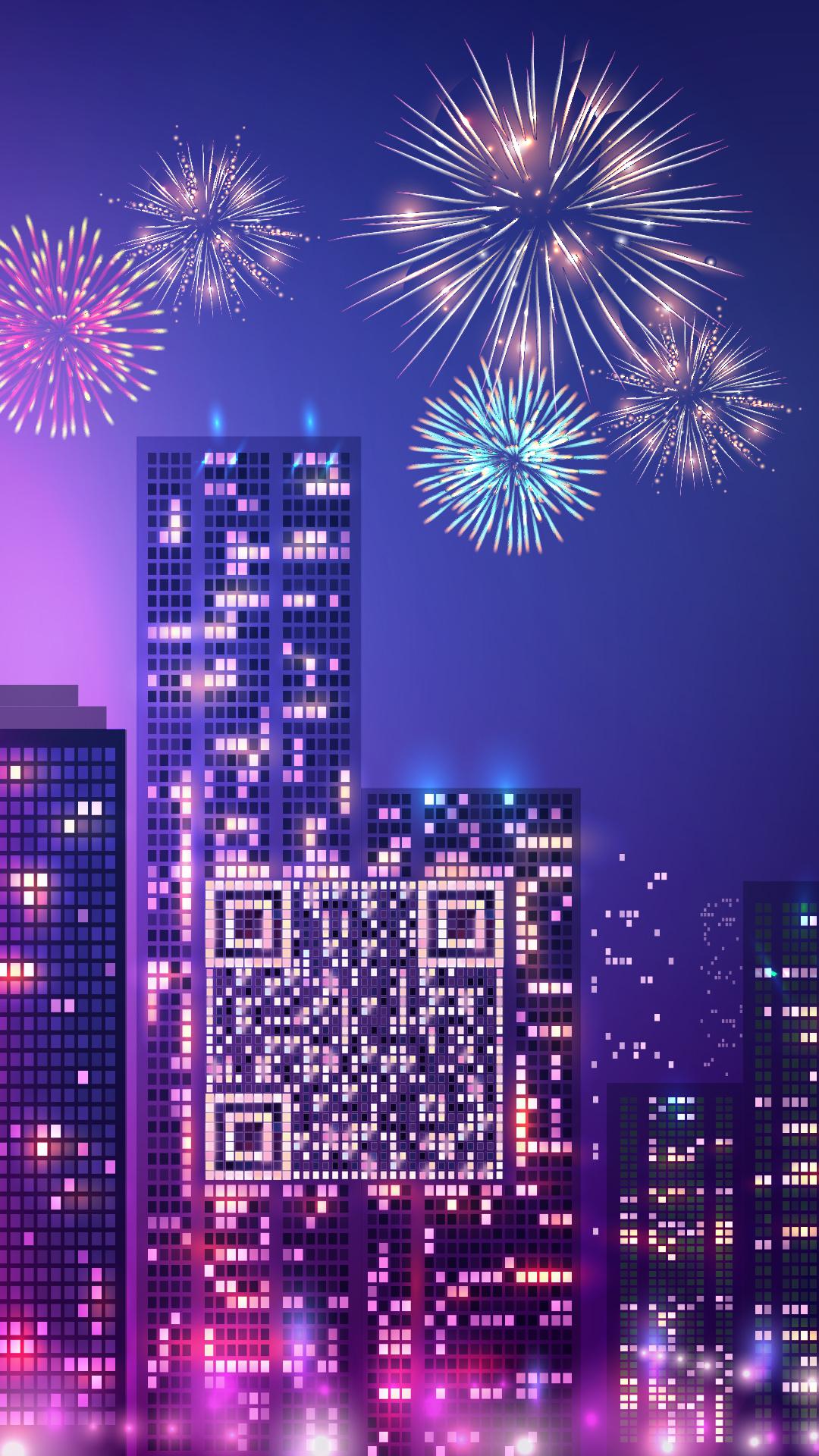 烟花绽放缤纷霓虹城市发光大楼二维码生成器-平面静态-手机海报