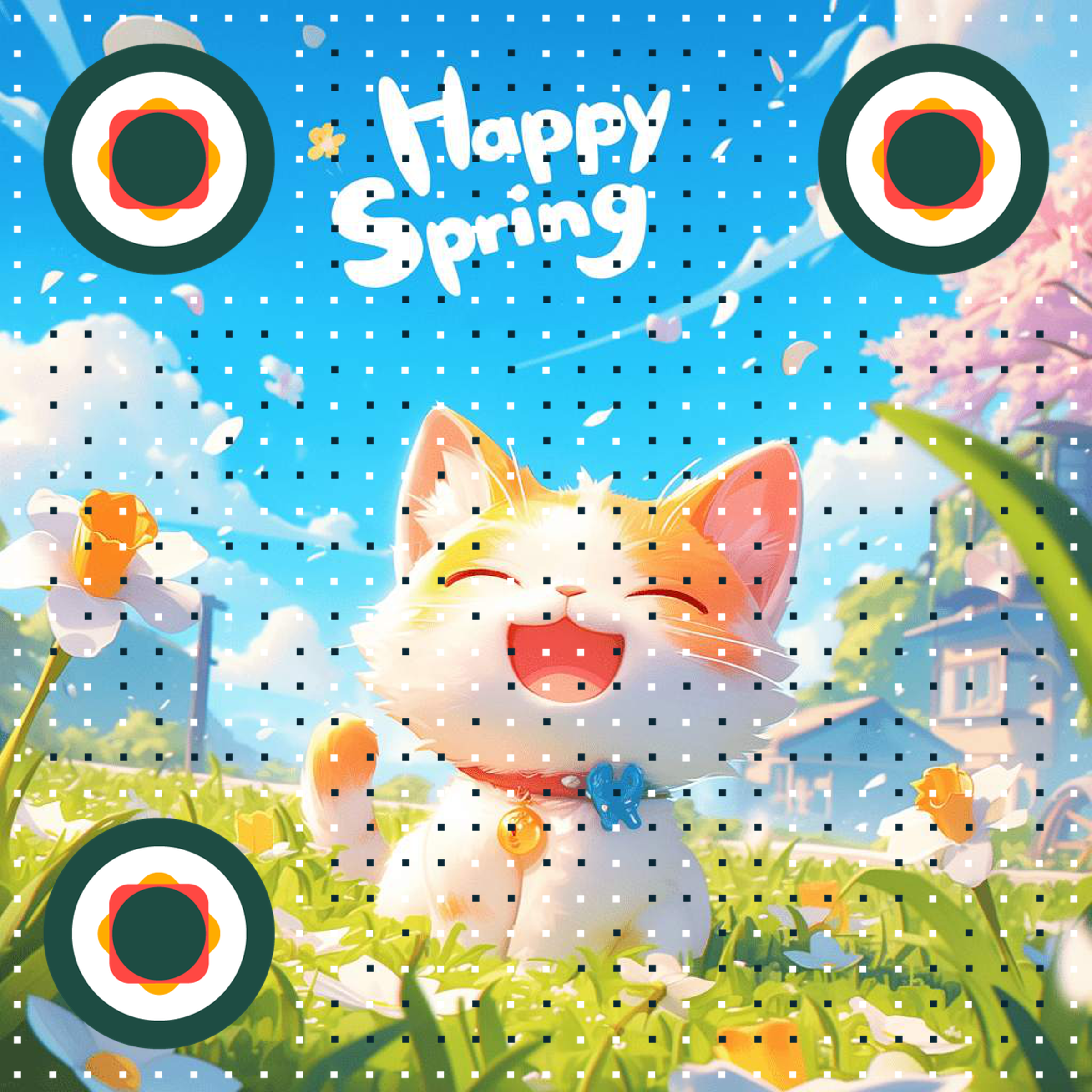 春天鲜花飞舞之欢乐可爱猫咪二维码生成器-平面静态-正方形码