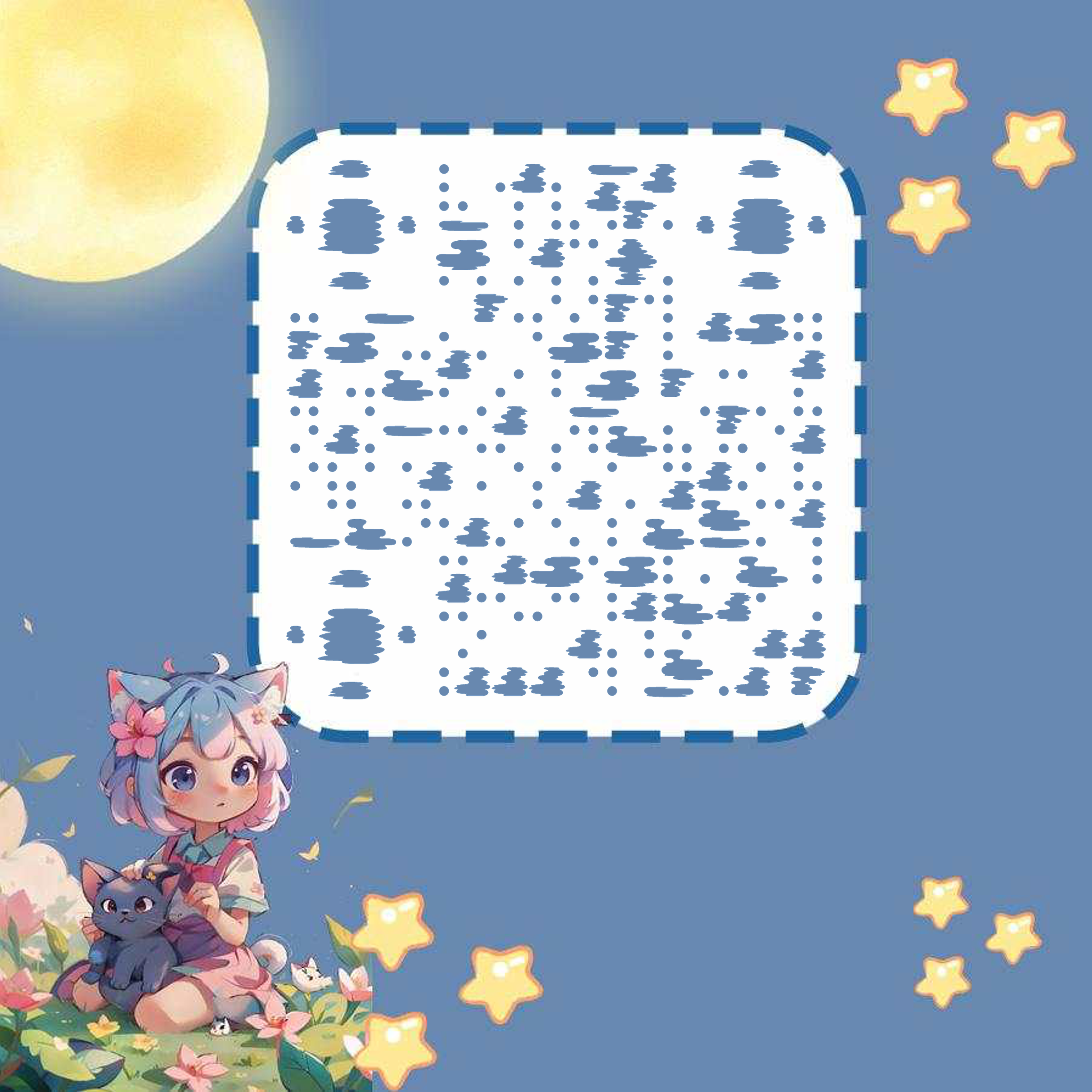 可爱猫猫女孩蓝灰色星星艺术二维码二维码生成器-平面静态-正方形码