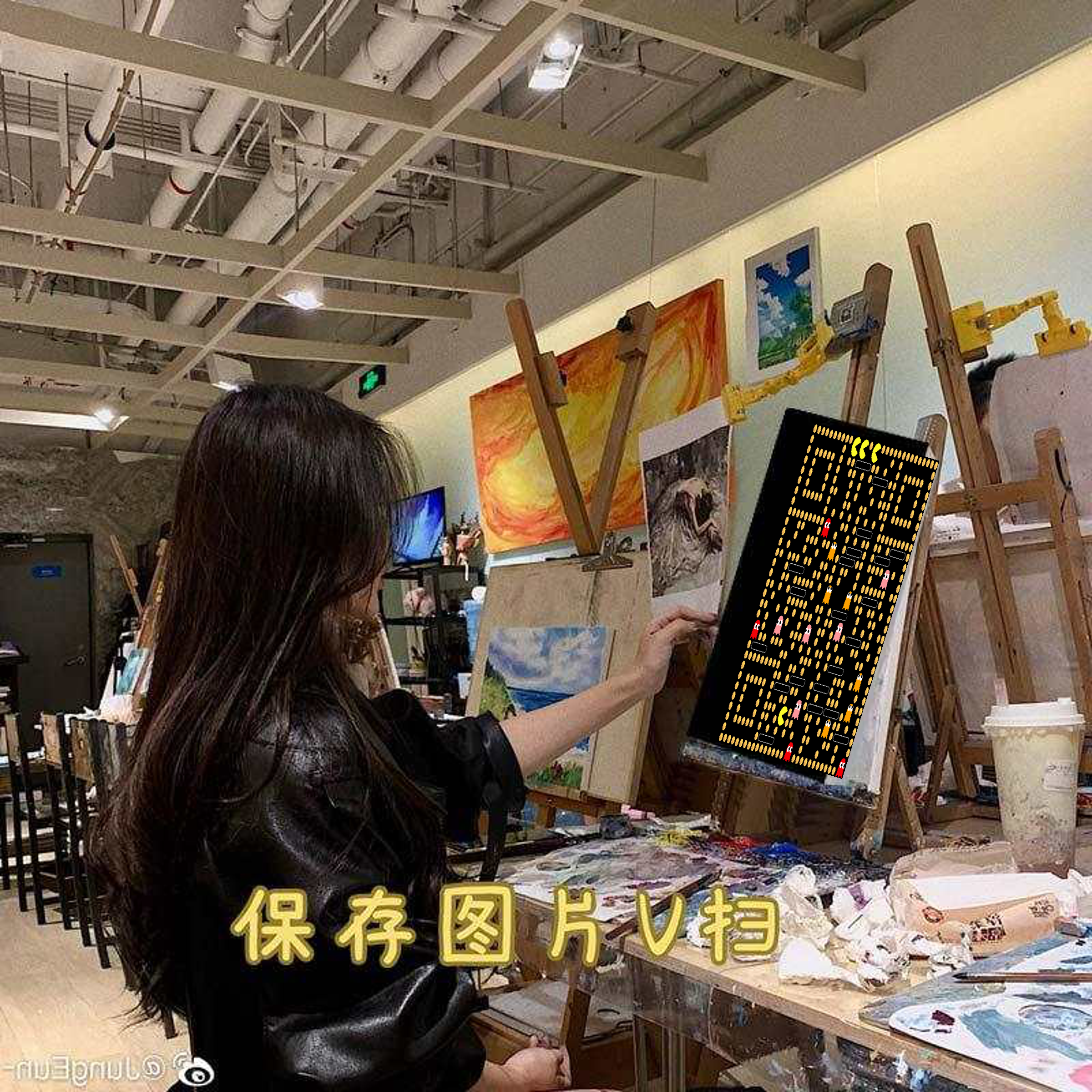 泡泡头图三格头夜晚画室美女画板吃豆人艺术二维码二维码生成器-平面静态-正方形码