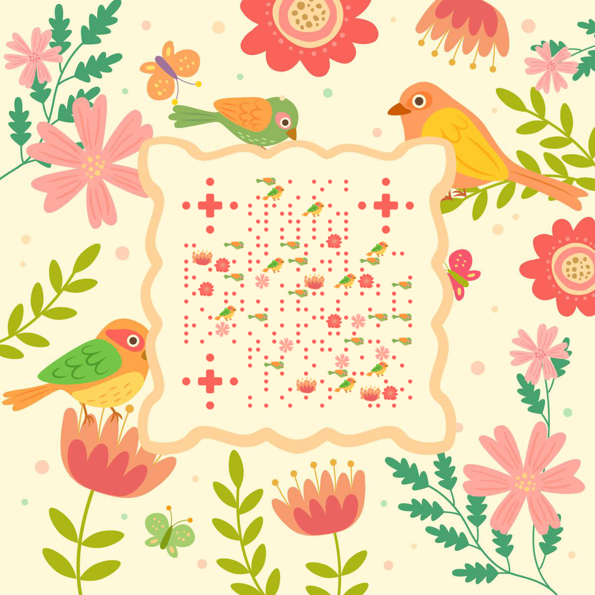 春天清新花卉小鸟二维码生成器-平面静态-正方形码