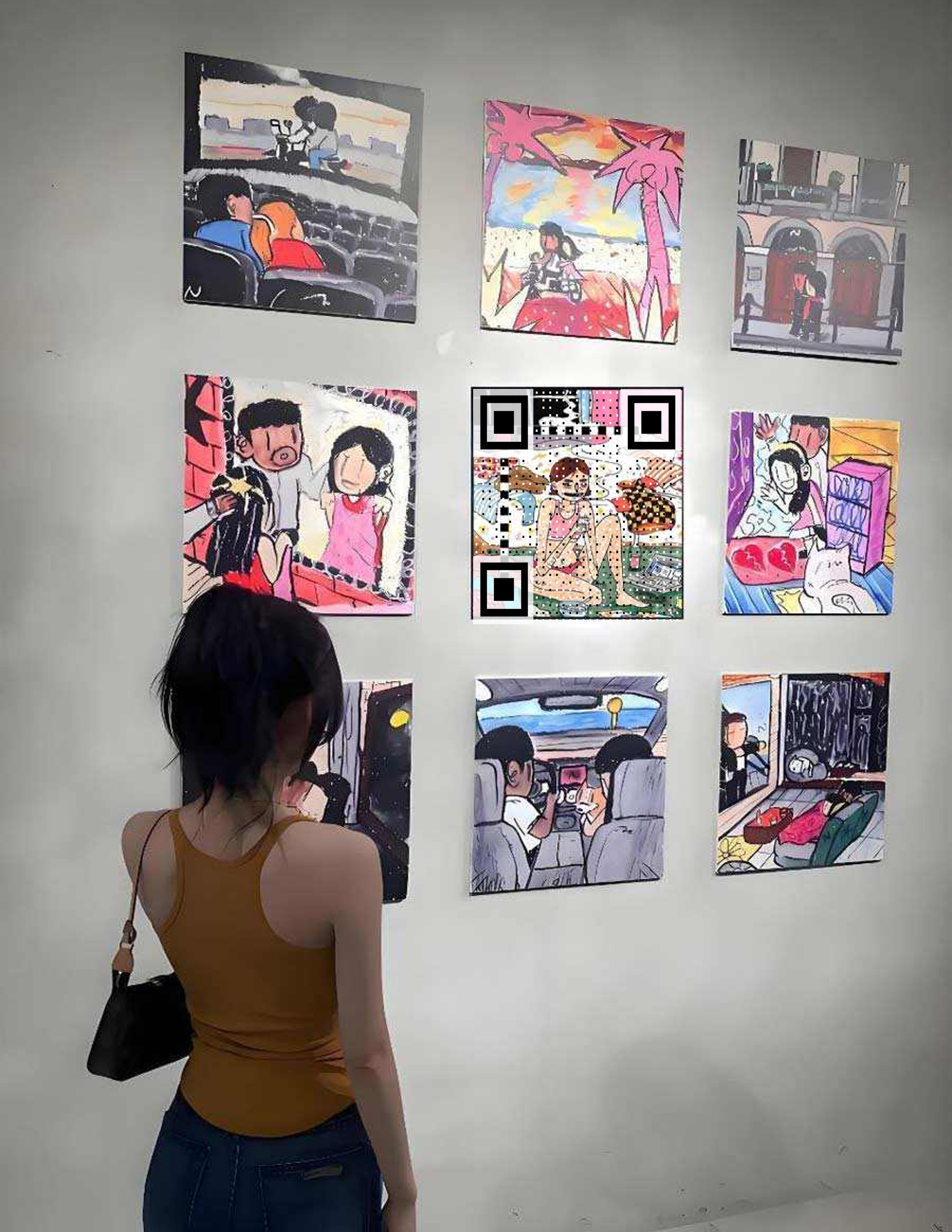 画板女孩看展漫画抽象黑白随机点阵隐藏二维码二维码生成器-平面静态-微信名片