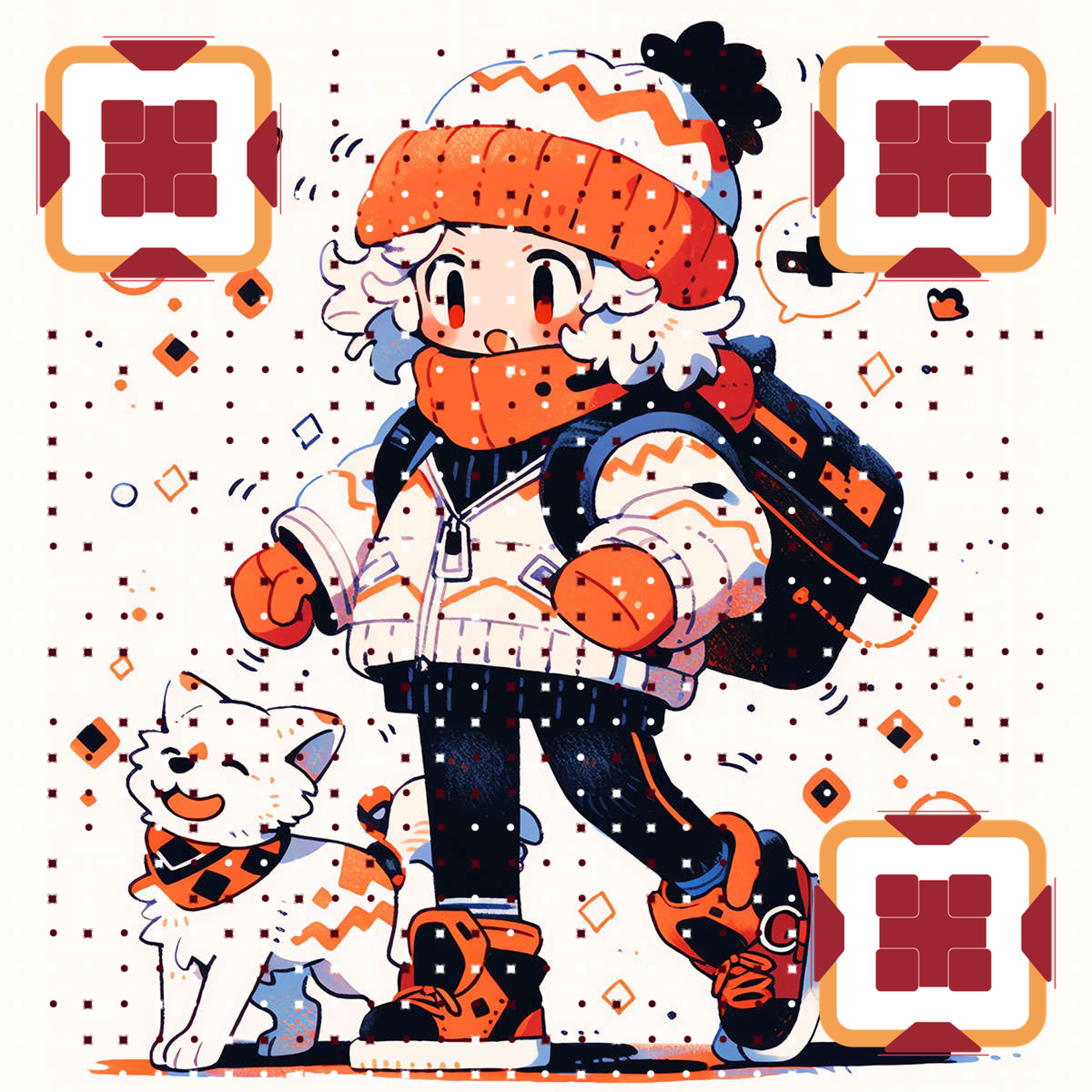 冬日徒步宝贝温暖橘色毛衣狗狗创意二维码生成器-平面静态-正方形码