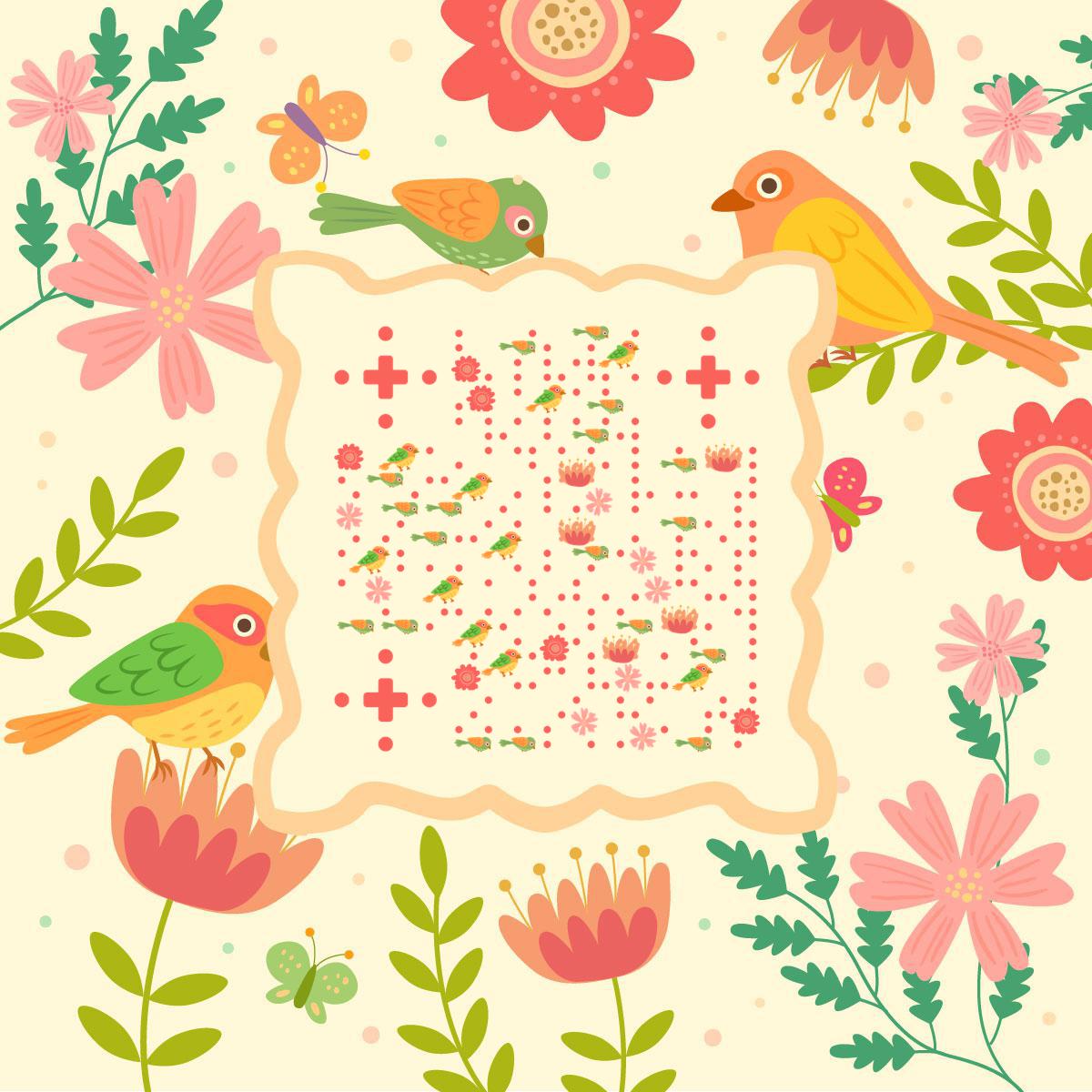 春天清新花卉小鸟二维码-正方形码-平面静态