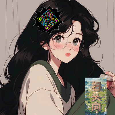 泡泡头图眼镜女孩墙面背景五彩丝带隐藏二维码二维码生成器-平面静态-正方形码
