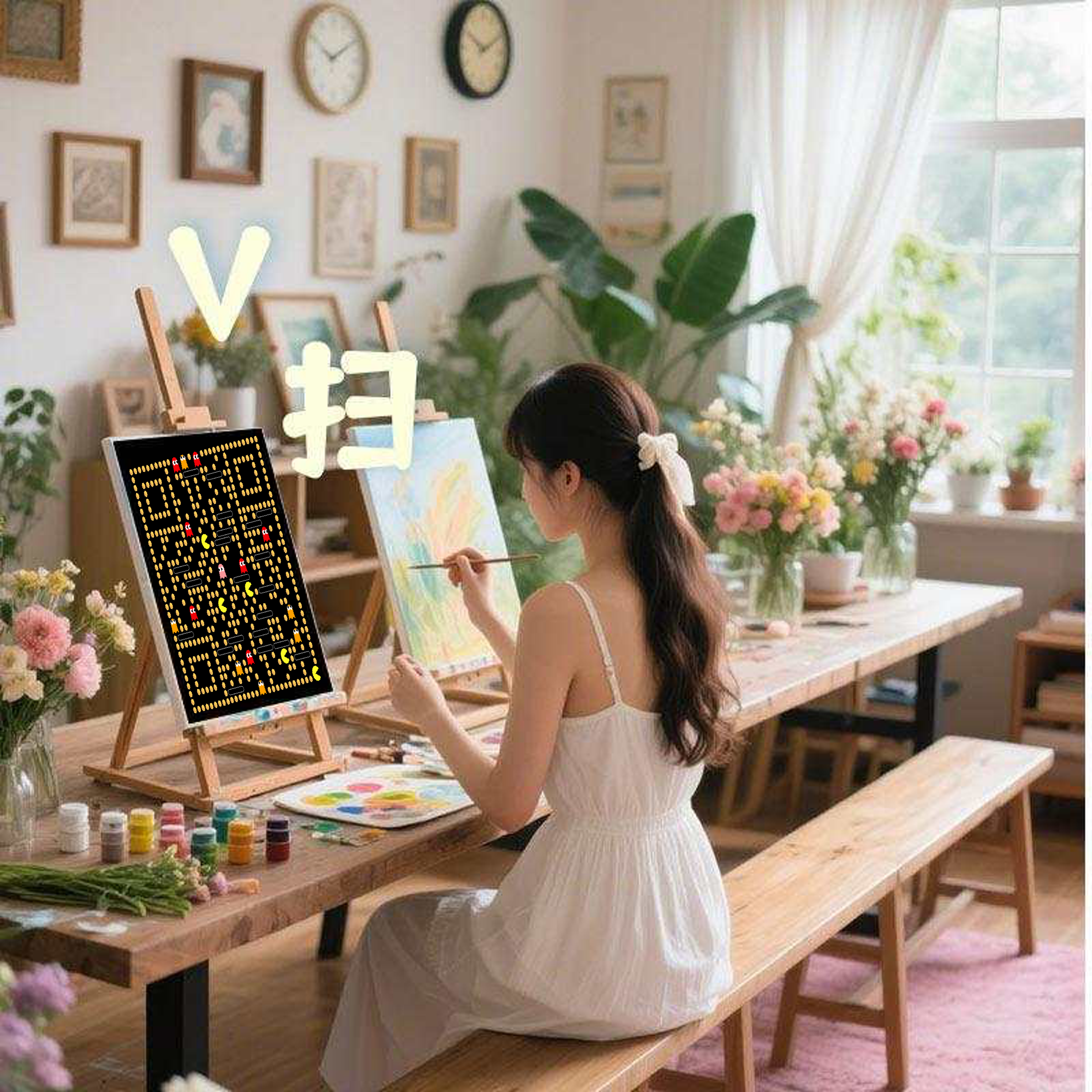 泡泡头图画板卷发女孩吃豆人艺术二维码二维码生成器-平面静态-正方形码