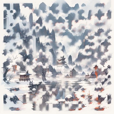 古风山水楼阁雪山国风插画AI创意二维码二维码生成器-正方形图-AI