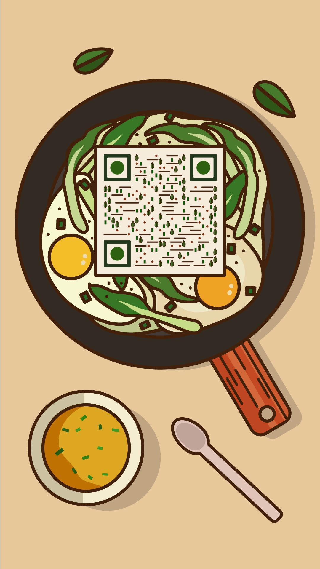 营养早餐美食餐饮早安手绘线条二维码生成器-平面静态-手机海报