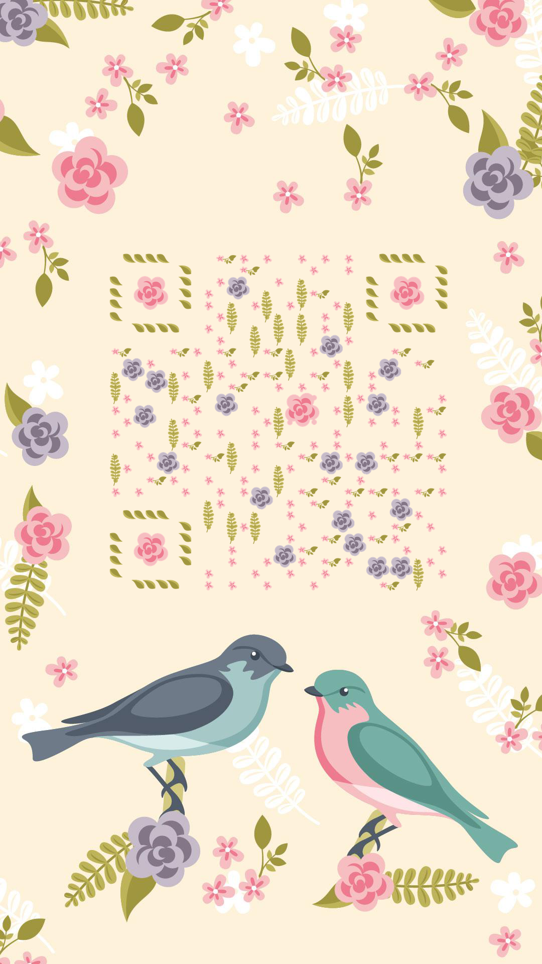 花与鸟清新复古花纹春天花开二维码生成器-平面静态-手机壁纸