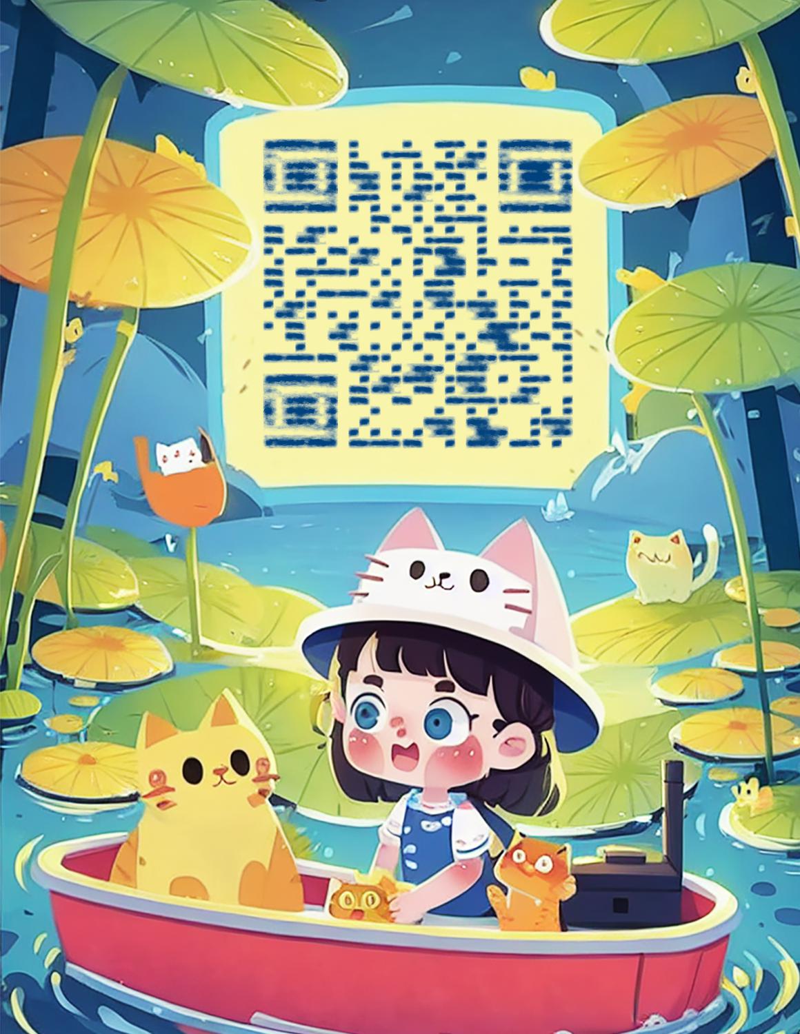 少女与猫咪悠闲划船彩色插画荷叶精灵二维码生成器-平面静态-微信名片