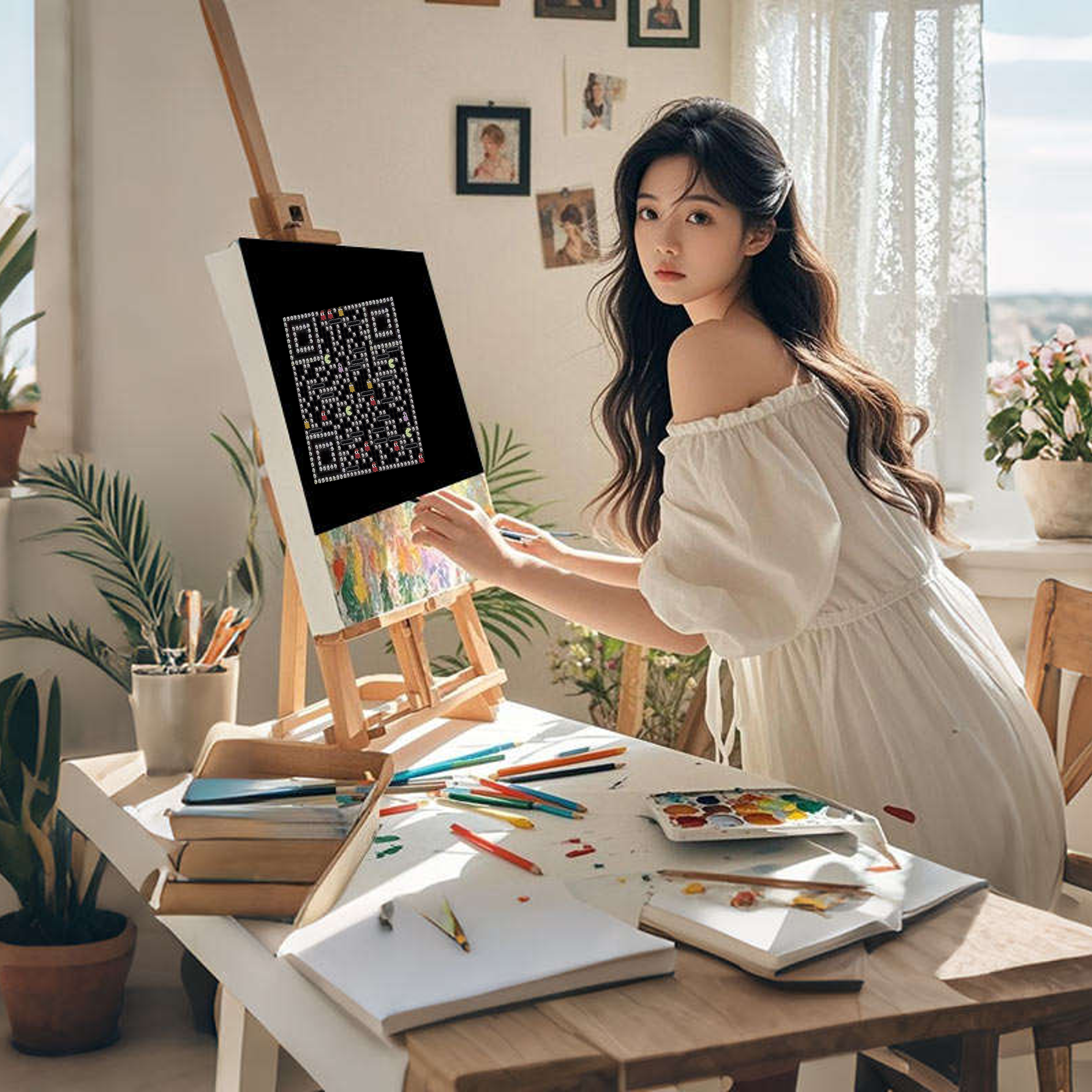 泡泡头图黑色画板白衣少女褪色吃豆人防封二维码二维码生成器-平面静态-正方形码