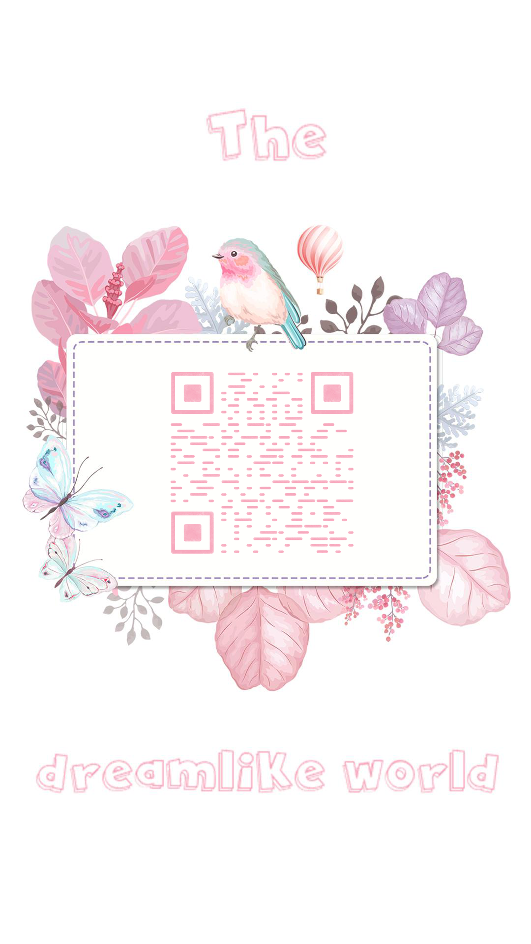 粉色清新蝴蝶植物花丛边框多彩鸟二维码生成器-平面静态-手机壁纸