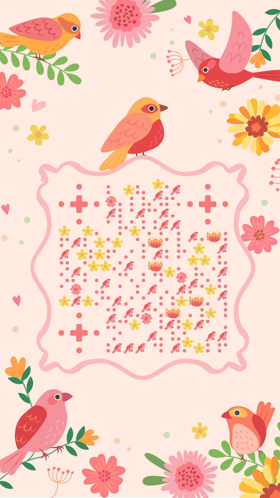粉色花园鸟儿二维码-手机海报-平面静态