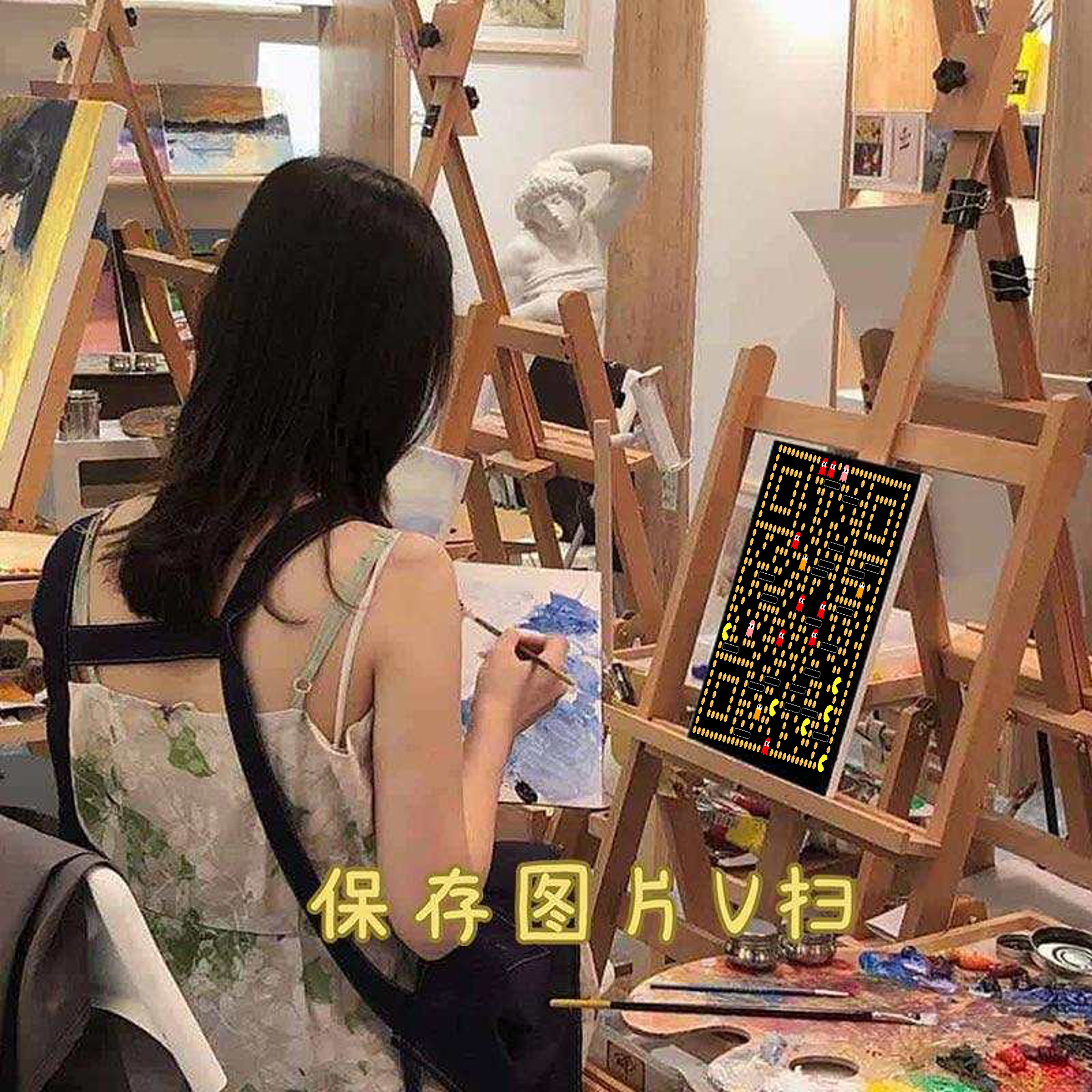 泡泡头图三格头画室吊带美女画板吃豆人艺术二维码二维码生成器-平面静态-正方形码