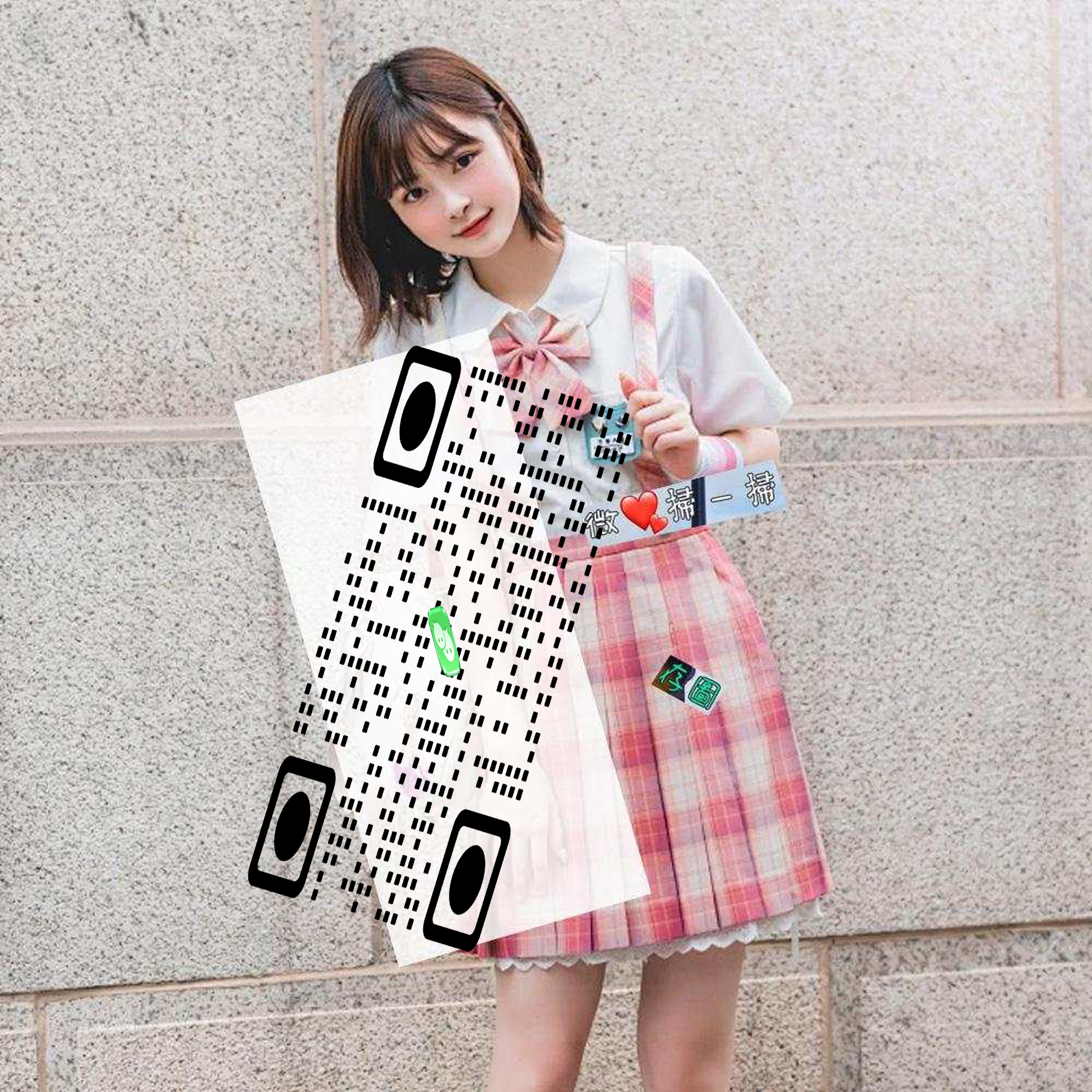 绿泡泡头可爱女生粉色格子群可爱隐藏二维码二维码生成器-平面静态-正方形码