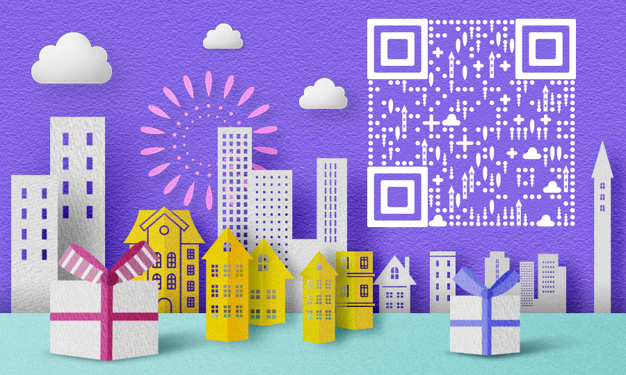 折纸风紫色C4D城市礼物烟火二维码生成器-平面静态-公众号图