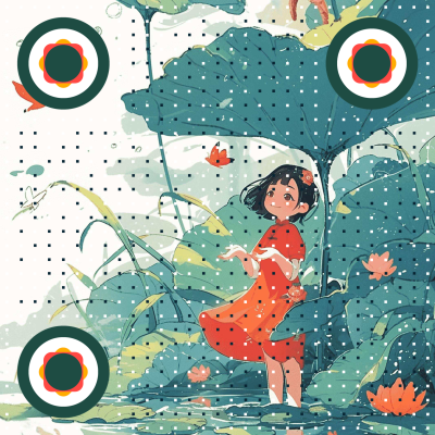 夏至日荷叶避雨小女孩卡通插画二维码生成器-平面静态-正方形码