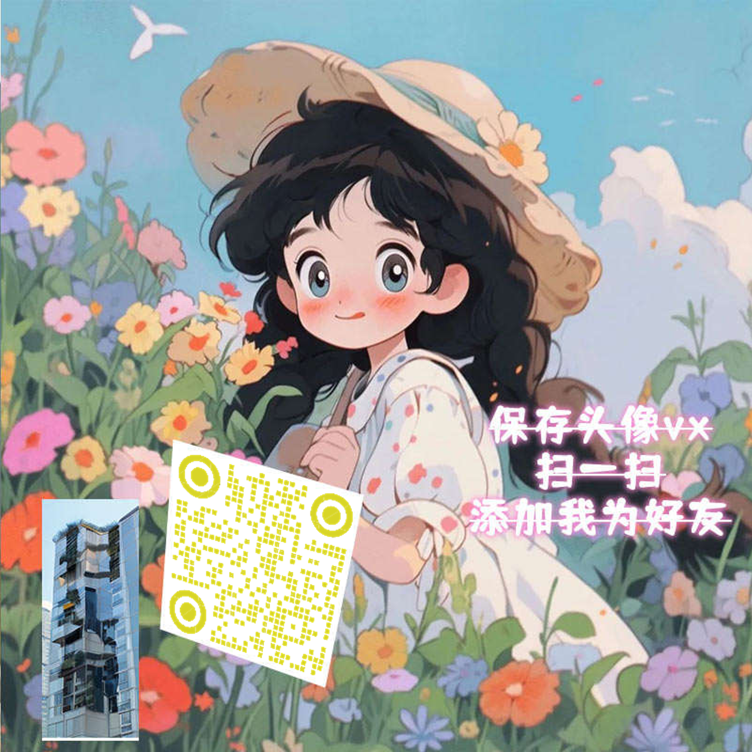 泡泡头图草帽女孩红色蝴蝶结圆角瓷砖引流二维码二维码生成器-平面静态-正方形码