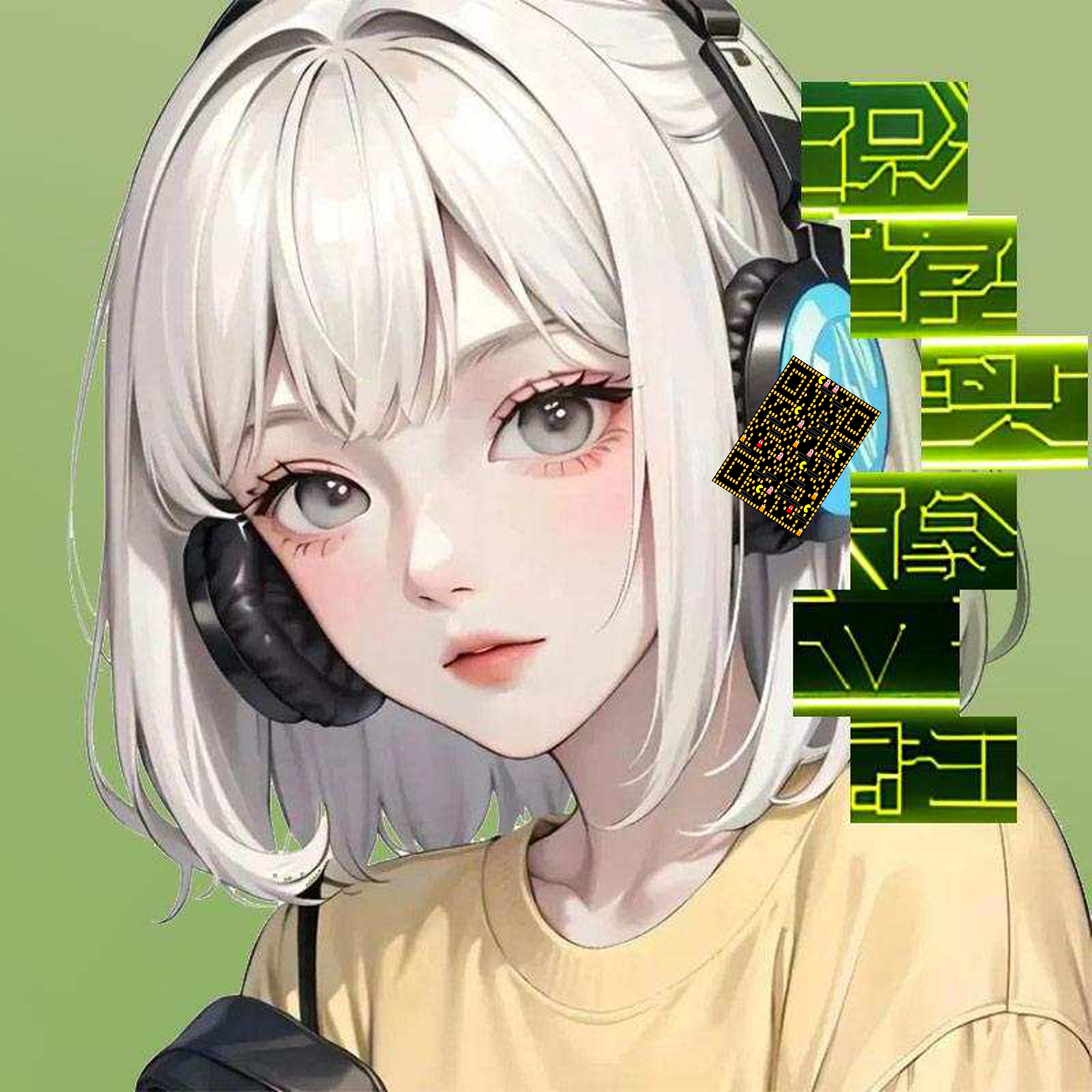 泡泡头图三格头白发耳机美女绿色背景吃豆人隐藏二维码二维码生成器-平面静态-正方形码