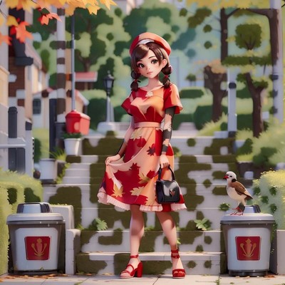 公园休闲散步贝雷帽少女AI创意二维码二维码生成器-正方形图-AI