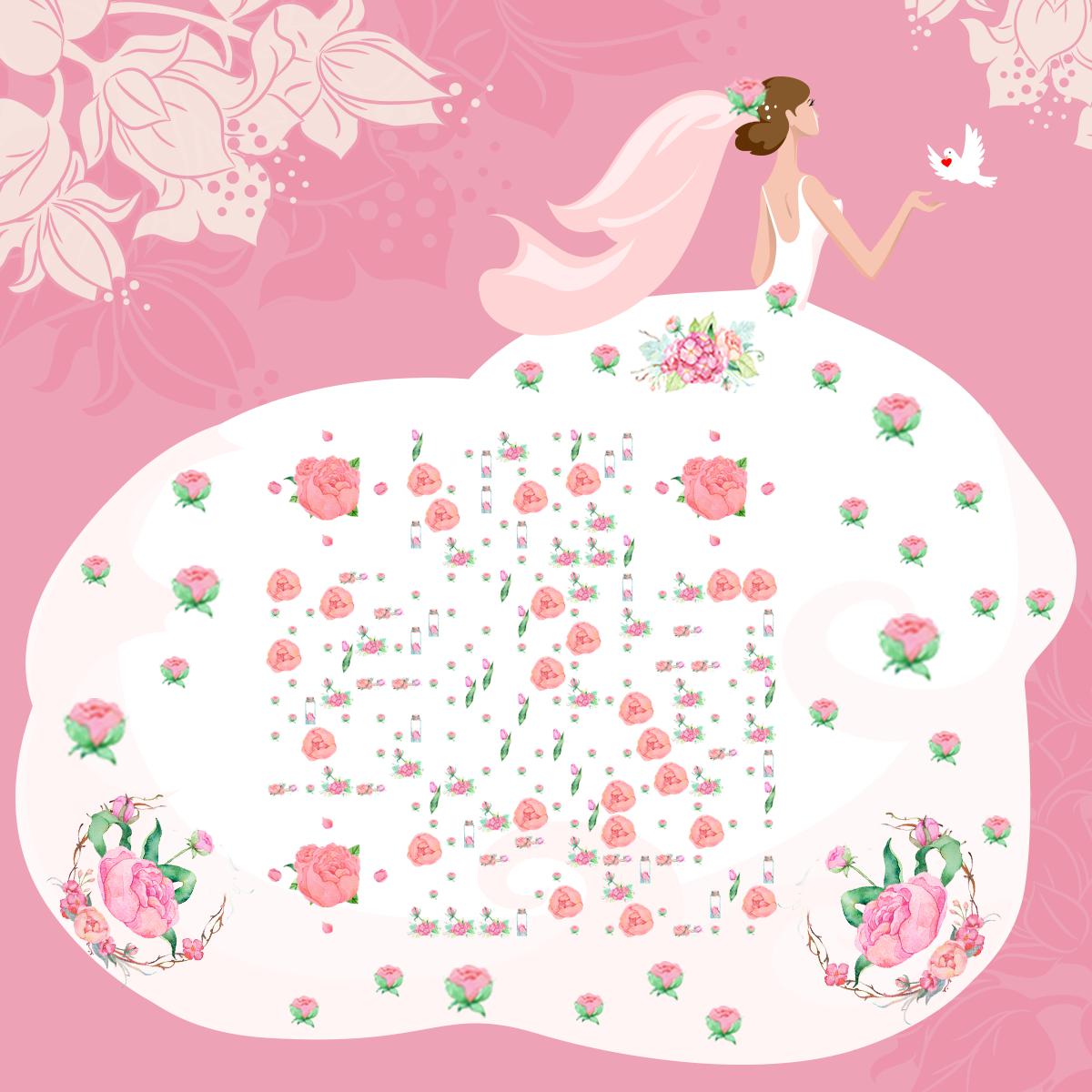 韩式花纹粉色玫瑰花簇婚纱浪漫婚礼二维码-正方形码-平面静态