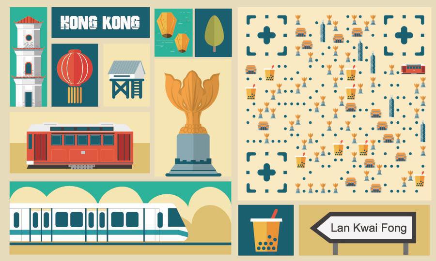 香港旅游扁平拼贴画二维码生成器-平面静态-公众号图