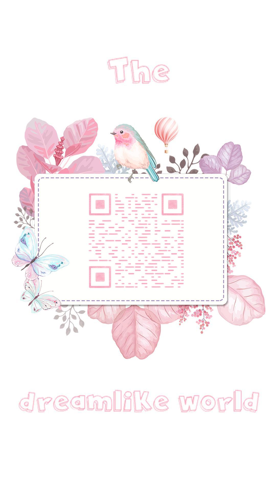 粉色清新蝴蝶植物花丛边框多彩鸟二维码-手机海报-平面静态