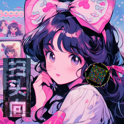 泡泡头图三格头卡通粉色蝴蝶结五彩丝带隐藏二维码二维码生成器-平面静态-正方形码