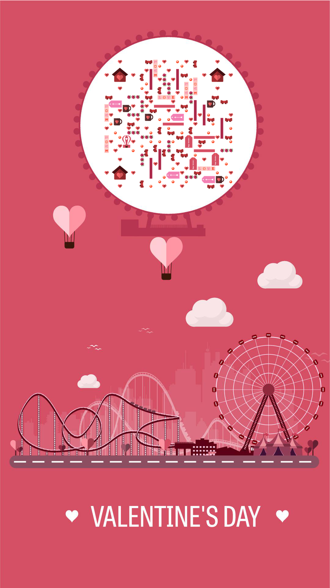幸福摩天轮情人节粉色爱情游乐场二维码生成器-平面静态-手机壁纸