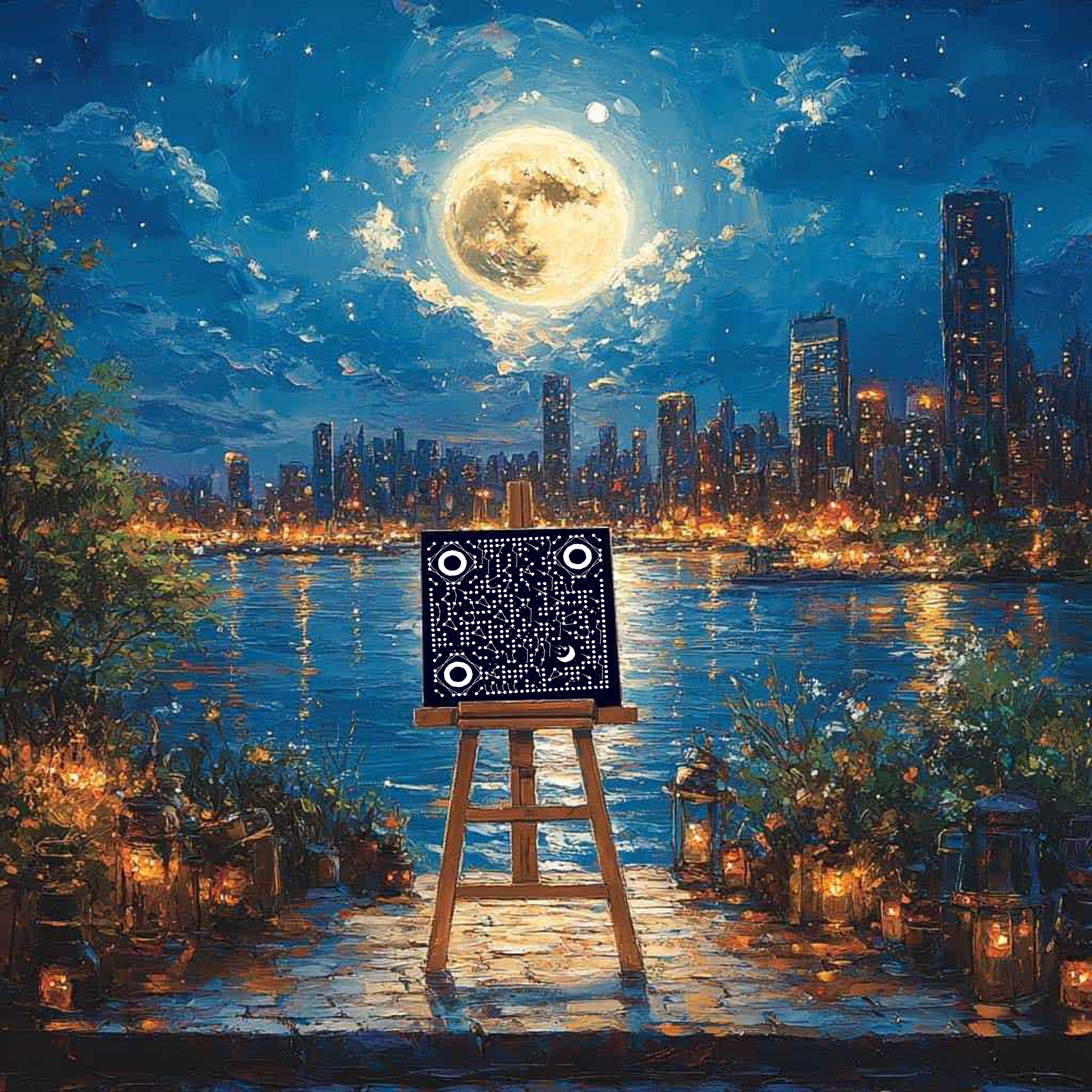 通用头像晚上城市黑暗夜景月光二维码生成器-平面静态-正方形码