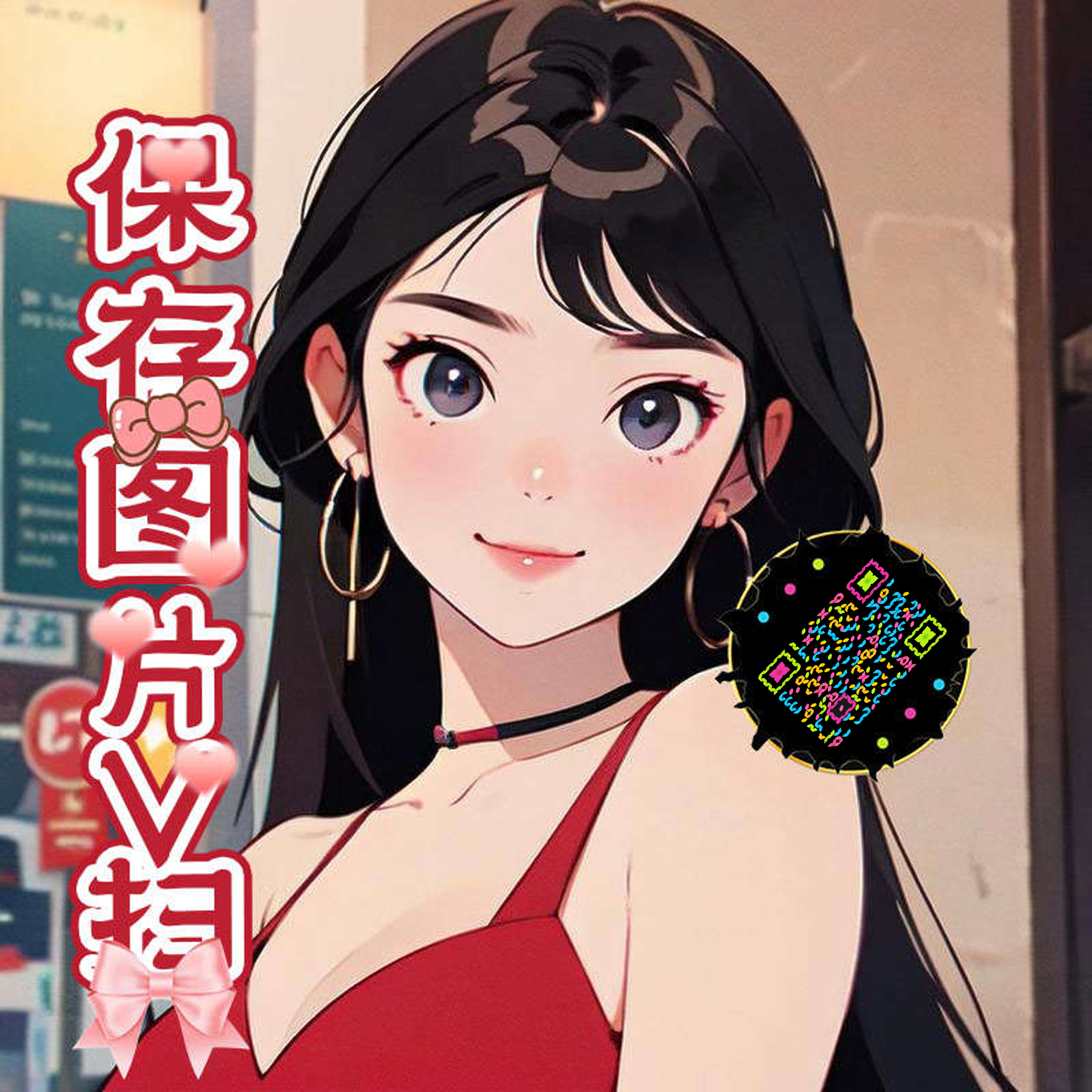 泡泡头图三格头卡通红衣女孩五彩丝带艺术二维码二维码生成器-平面静态-正方形码