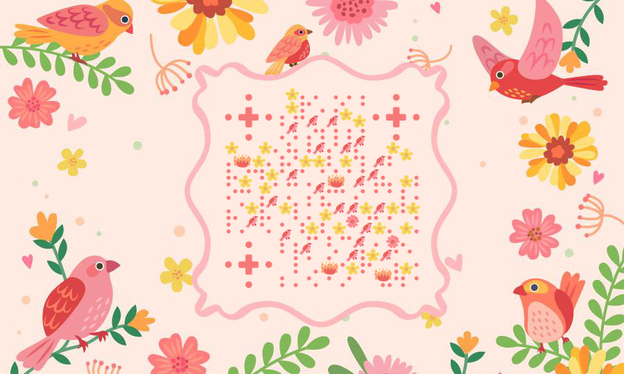 粉色花园鸟儿二维码生成器-平面静态-公众号图