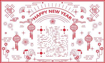 线性剪纸风喜庆迎新年二维码生成器-平面静态-公众号图
